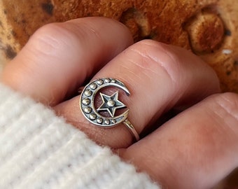 Sterling Silver Bali Crescent Moon Star Ring, witchy ring, witchy jewelry, celestial ring, luna ring, Maiden Mother Crone, Boho Ring