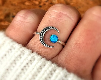 Celestial Bali Moon Ring, Blue Lab Opal, sterling silver, witchy ring, luna ring, sun moon ring, pagan ring, gifts for her, boho ring