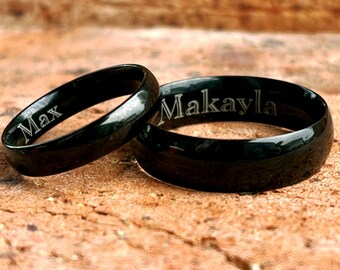 Engraved wedding bands, personalized rings, couples rings, black wedding bands, gifts for couples, anniversary gifts, stainless steel ring