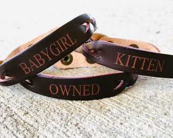 ENGRAVED BDSM Genuine leather bracelet cuff, submissive day collar, mistress, cuckold, daddy, babygirl hotwife master, slave, christmas gift