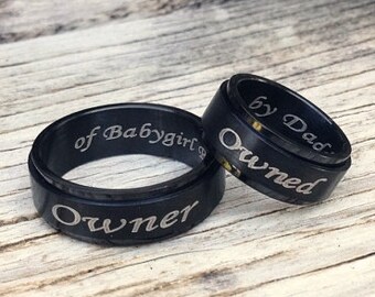 Custom BDSM black steel SPINNER ring Engraved, couples rings, long distance relationship, Dom Sub gifts, day collar, daddy babygirl