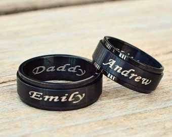 Custom Engraved BDSM Ring, Band, Personalized, Black Stainless Steel Spinner Band, Daddy Babygirl, DDLG, Hotwife, Cuckold, Gift, Submissive