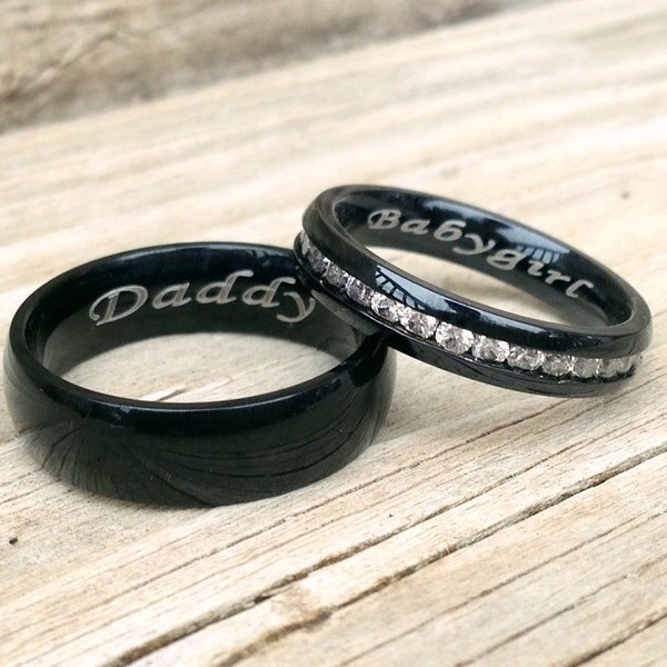 BDSM Personalized ENGRAVED couples set Stainless Steel Black CZ etrenity band daddy sub little master mistress owner owned babygirl ddlg