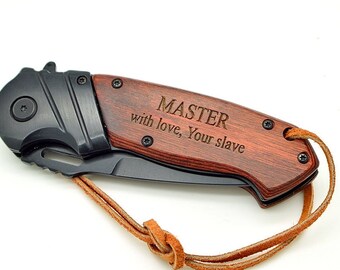 BDSM Custom engraved wood grain Dom gift folding pocket knife master owner sir daddy dom bondage gear