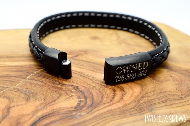 Personalized BDSM bracelet wrist cuff leather stainless steel submissive dom slave master cuckold jewelry custom engraved gift ddlg mdlb image 2