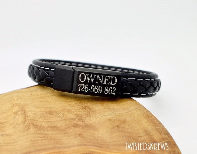 Personalized BDSM bracelet wrist cuff leather stainless steel submissive dom slave master cuckold jewelry custom engraved gift ddlg mdlb image 1