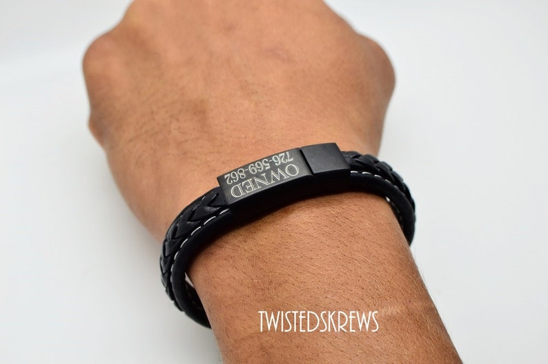 Personalized BDSM bracelet wrist cuff leather stainless steel submissive dom slave master cuckold jewelry custom engraved gift ddlg mdlb image 3