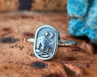 Sterling Silver Signet Ring, Mountain Range Ring, Nature Ring, Camping Hiker Gift, Boho Ring, Celestial Ring, Hedge Witch Ring, Pagan Ring