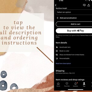 May include: A smartphone screen displaying an Etsy product page with a necklace length selection menu, an add to cart button, and item details. The text on the left reads: tap to view the full description and ordering instructions.