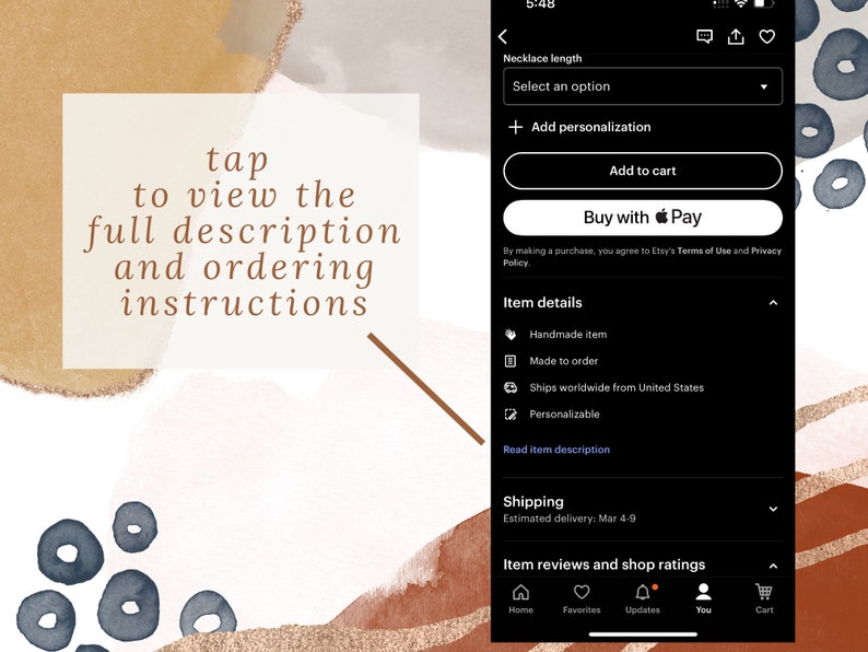 May include: A smartphone screen displaying an Etsy product page with a necklace length selection menu, an add to cart button, and item details. The text on the left reads: tap to view the full description and ordering instructions.