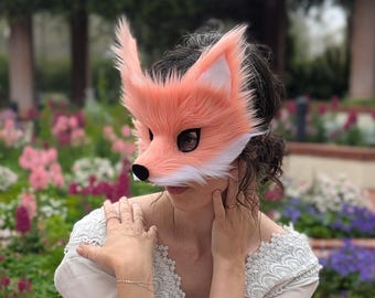 Máscara de zorro rosa melocotón y blanco