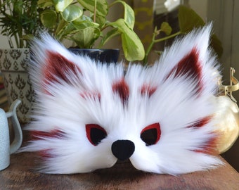 Máscara de zorro kitsune de piel sintética, hecha a mano