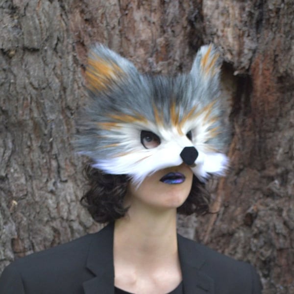 Masque loup gris en fausse fourrure, fait main