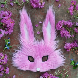 Pink Faux Fur Bunny Mask, handmade image 1