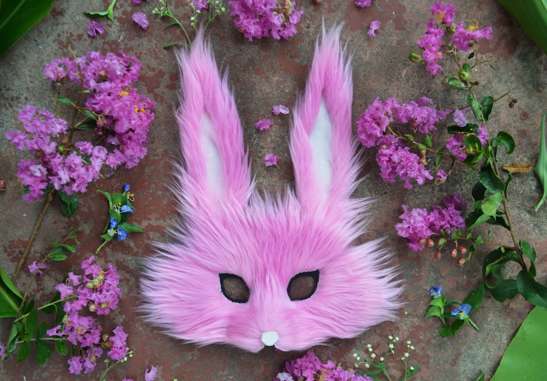 Pink Faux Fur Bunny Mask, handmade image 1