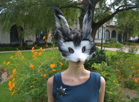 Grey And White Long Haired Rabbit Mask Etsy