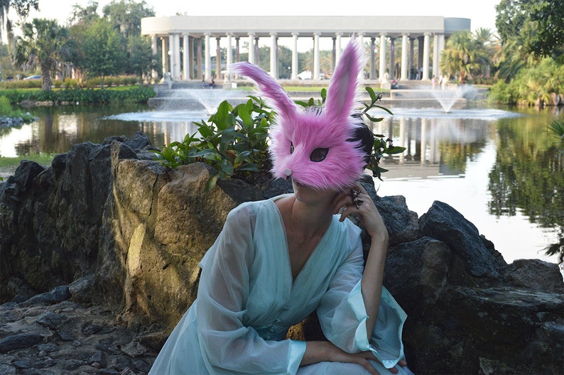 Pink Faux Fur Bunny Mask, handmade image 3