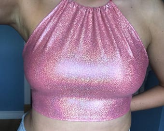 Pink rave top, pink holographic halter top, rave outfit, holographic top, rave wear, rave clothing, rave halter top, holographic clothing