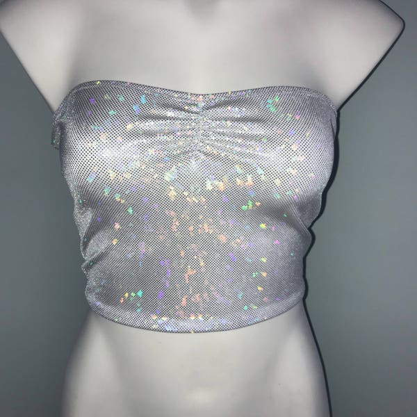 White Holographic rave top, rave tube top, holographic clothing, festival top, edc outfit, rave crop top, festival outfit, festival top