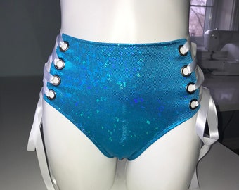 Bas bleu holographique rave, tenue rave femme, vêtements rave, vêtements rave, bas rave effronté taille haute, bas rave à lacets