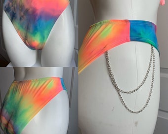 Tie Dye RAVE BOTTOMS ONLY, Tie dye rave outfit, thigh high rave bottoms, holographic rave bottoms, cheeky bottoms, high waisted bottoms