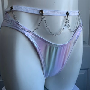 Holographic thigh high Rave bottoms with chains, rave outfit women,  rave wear, rave clothing, holographic cheeky bottoms, festival bottoms
