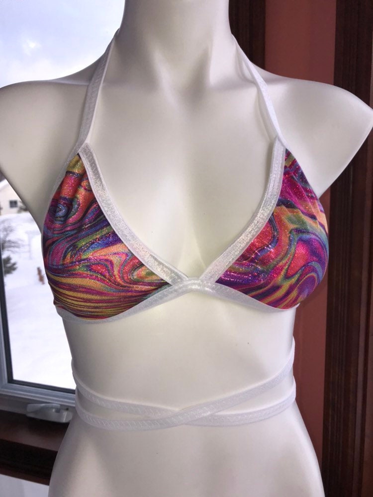 Rave Top Holographic Bralette, Rave outfit set women, Rave wear clothing, Festival outfit top wrap bralette sparkly