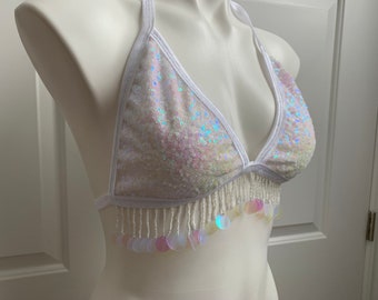 White rave top ONLY, Sequin rave bralette, sequin bralette, holographic top, rave outfit, white rave bralette, sequin top, white bra top