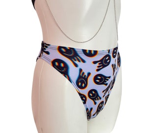 Happy Trippin Smiley face thigh high rave BOTTOMS ONLY, high waisted rave bottoms, cheeky rave bottoms, rave shorts, rave outfit women