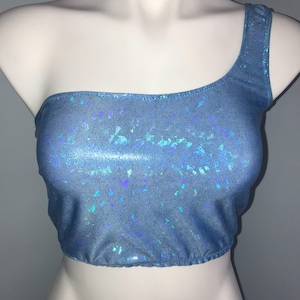 blue rave top, Holographic one shoulder crop top, holographic crop top, rave outfit, rave top, holographic top, rave wear, rave outfit women