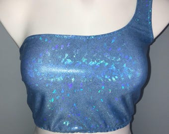 blue rave top, Holographic one shoulder crop top, holographic crop top, rave outfit, rave top, holographic top, rave wear, rave outfit women