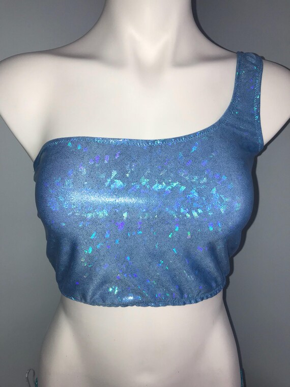 Blue rave top Holographic one shoulder 