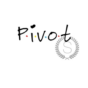 May include: Black and white illustration of the word "Pivot" with a gray laurel wreath and the letter "S" inside the wreath.