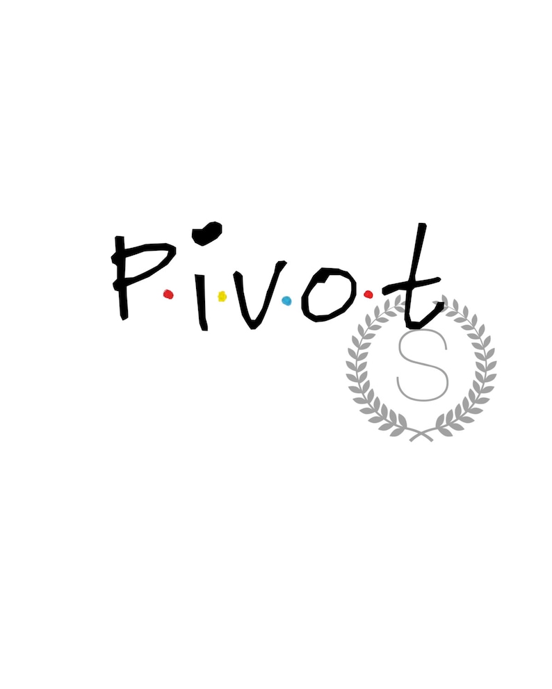 May include: Black and white illustration of the word "Pivot" with a gray laurel wreath and the letter "S" inside the wreath.