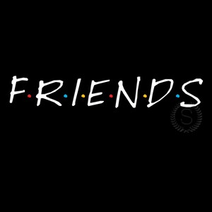 May include: White text on a black background spelling out "FRIENDS" with colorful dots between each letter.