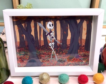 Forgotten Forest Art Print - Skeleton Home Decor Wall Art Fun Halloween Spooky Forest Various Sizes 4x6 5x7 8.5x11 Inches Art Prints