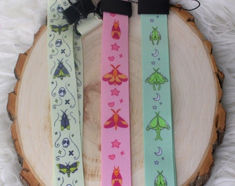 Mystical Moth Lanyard - Key Fob for ID Badge Holder Keychain Spooky Moth Goth Rosy Maple Moth Death Head Hawkmoth Luna Moth Pink Green