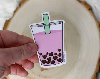 I Heart Bubble Tea Vinyl Sticker - Strawberry Milk Tea Bubbles Pink I Love Boba Tea Valentines Hearts Cute Stickers Waterproof Weatherproof