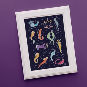 Zodiac Slugs Art Print Astrology Lunar Nature Witchy Boho Home Decor Wall Art Various Sizes 4x6 5x7 8.5x11 Inches Art Prints image 1