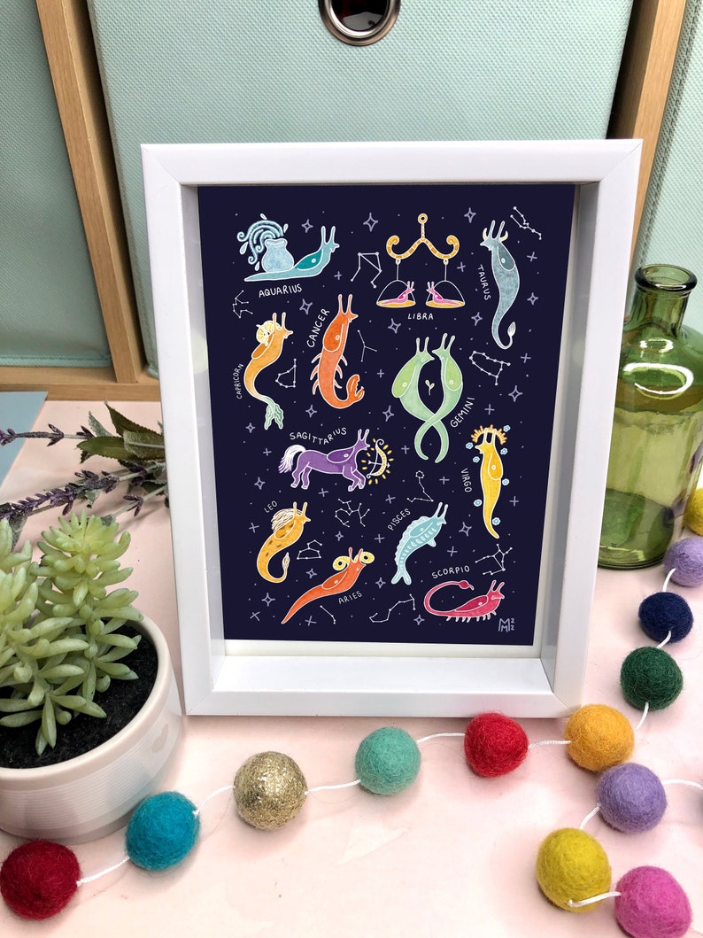 Zodiac Slugs Art Print Astrology Lunar Nature Witchy Boho Home Decor Wall Art Various Sizes 4x6 5x7 8.5x11 Inches Art Prints image 3