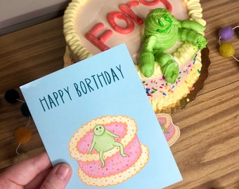 Happy Borthday Frog Card - Blank Inside Forg Cake Funny Derpy Frog Meme Birthday