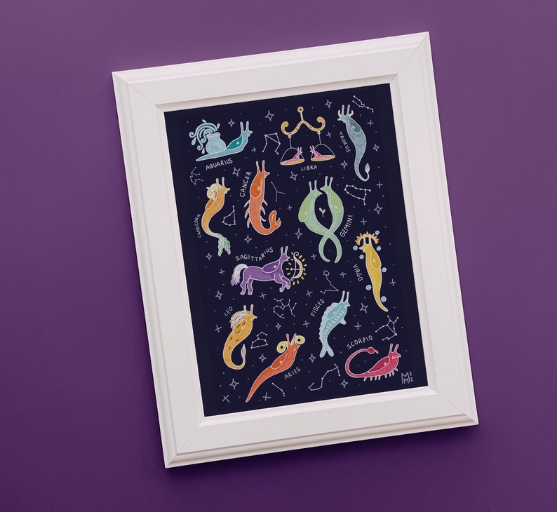 Zodiac Slugs Art Print Astrology Lunar Nature Witchy Boho Home Decor Wall Art Various Sizes 4x6 5x7 8.5x11 Inches Art Prints image 1