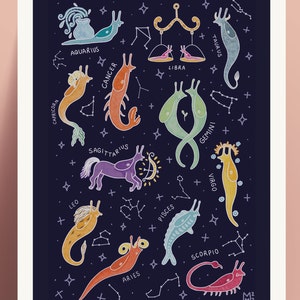 Zodiac Slugs Art Print Astrology Lunar Nature Witchy Boho Home Decor Wall Art Various Sizes 4x6 5x7 8.5x11 Inches Art Prints image 2