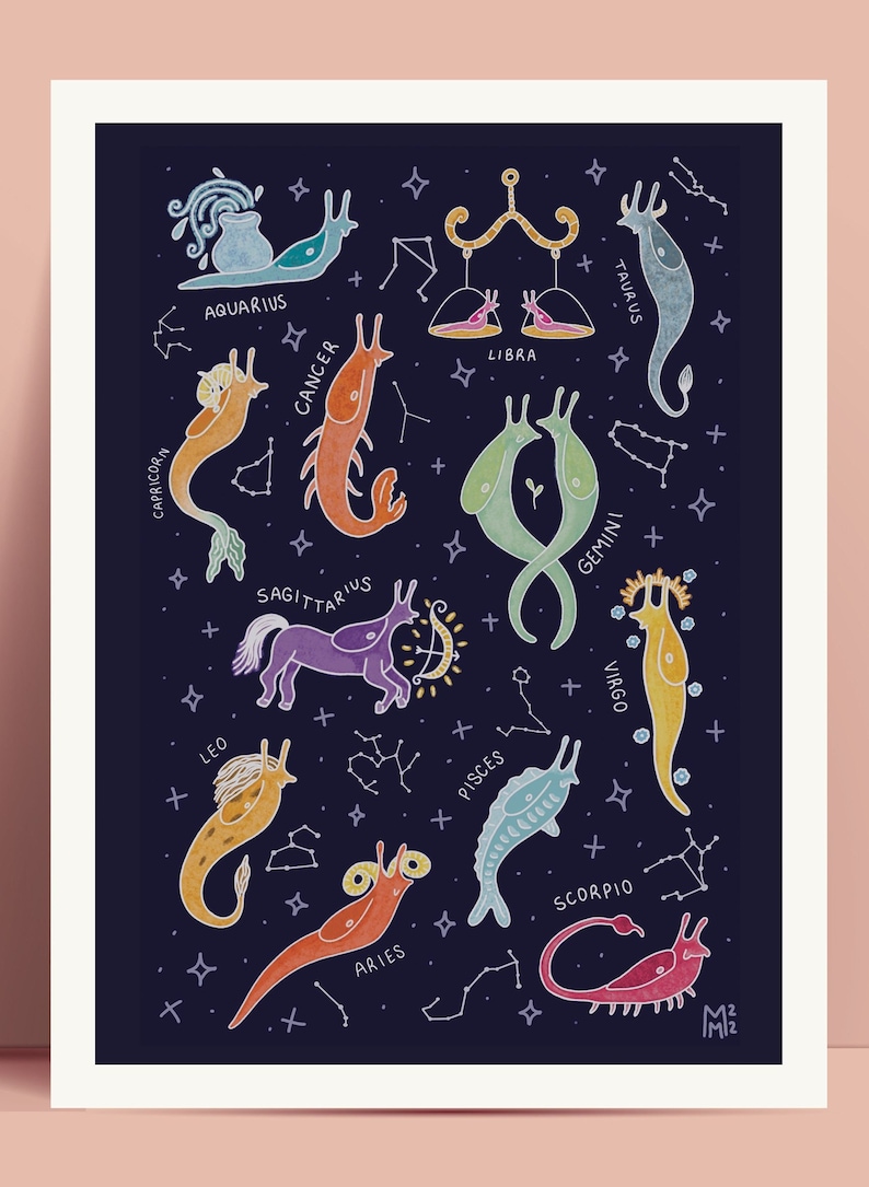 Zodiac Slugs Art Print Astrology Lunar Nature Witchy Boho Home Decor Wall Art Various Sizes 4x6 5x7 8.5x11 Inches Art Prints image 2