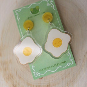 Happy Egg Earrings Cute Illustration Jewelry Acrylic Lesbian Earrings Egg Face Eggy Cutesy Cute Kawaii Breakfast Librarian Earrings image 2