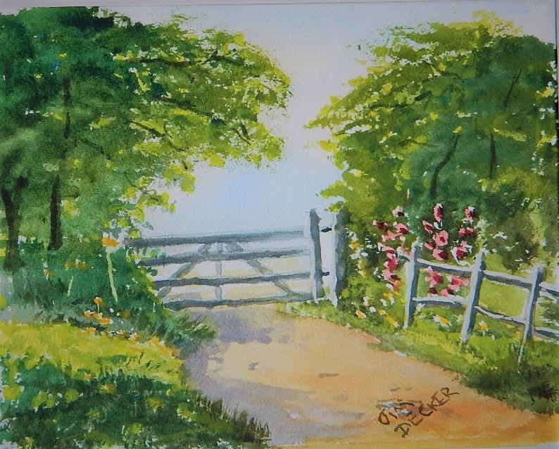 FARM PAINTING Farm Gate original watercolor 8 x 10 by Jim Decker Free