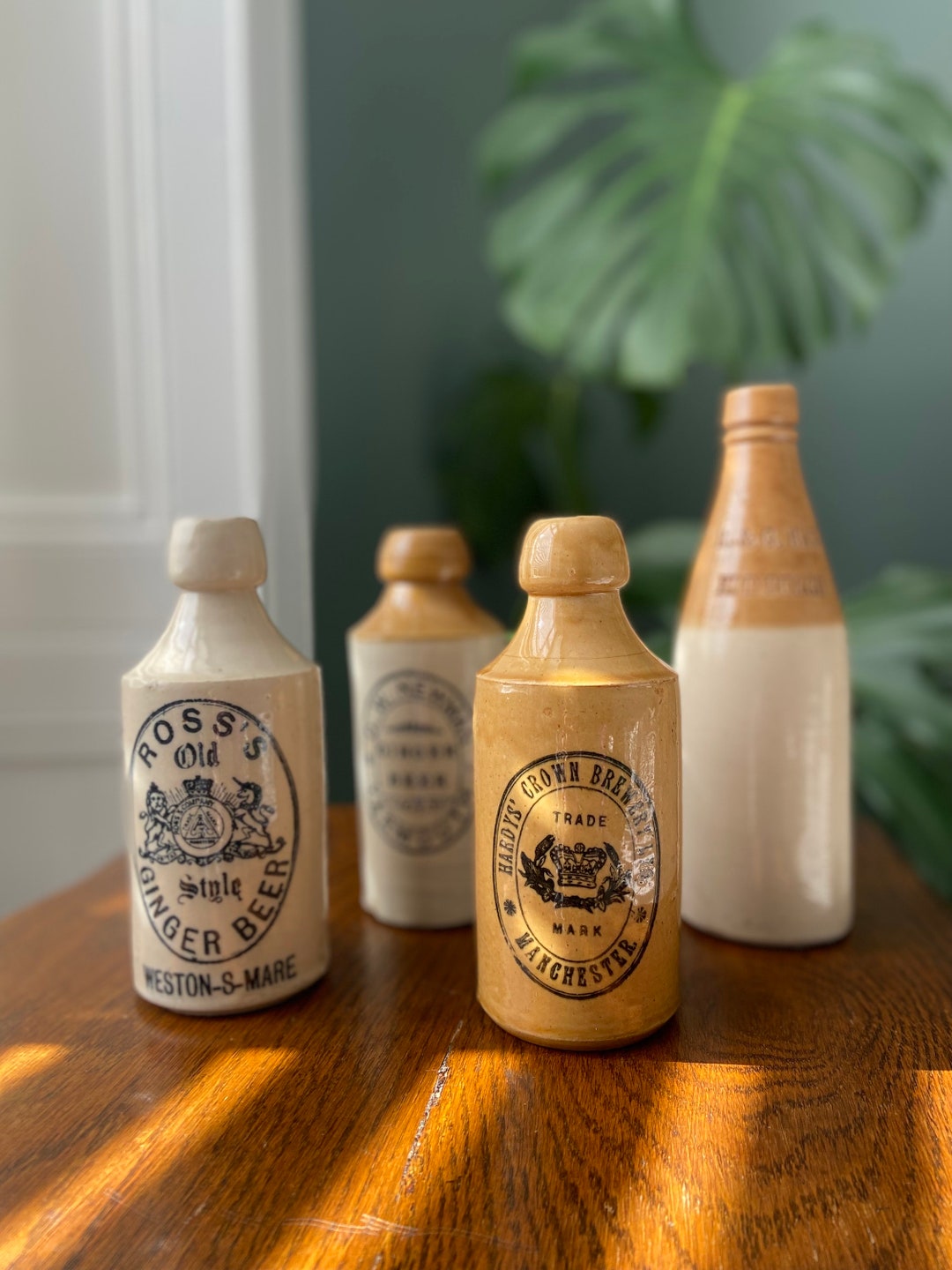 Antique Stoneware Ginger Beer Bottles, Neutral Shelf Decor, Men's Gift