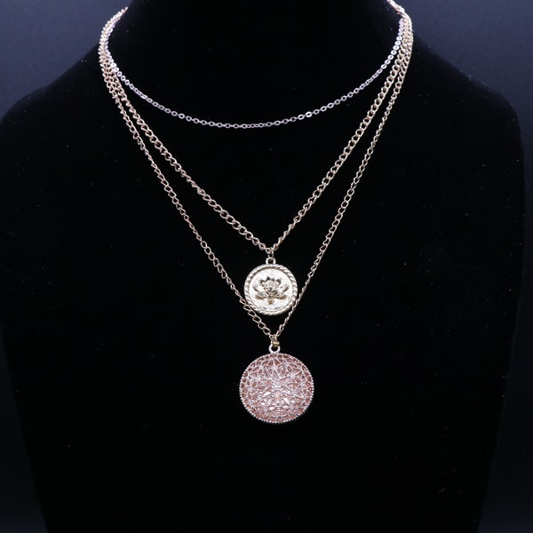 Plated Gold/ Triple Layer necklace/ Lotus flower/ rosegold