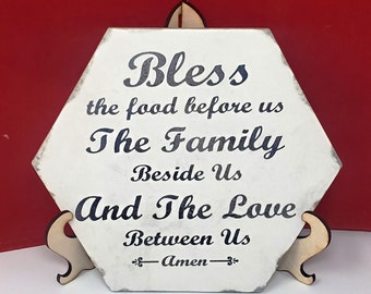 Laser Etched "Bless the Food Before Us" Hexagon Shaped Tile Sign w/Wood Stand
