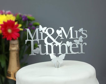 Mr & Mrs Wedding Cake Topper Decoration Keepsake Personalised With Any Name. Silver,Gold,Black,White,Mirror. Butterfly Anniversary Topper.